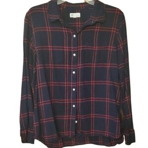 GAP‎ Fitted Boyfriend Navy and Red Plaid Flannel Shirt